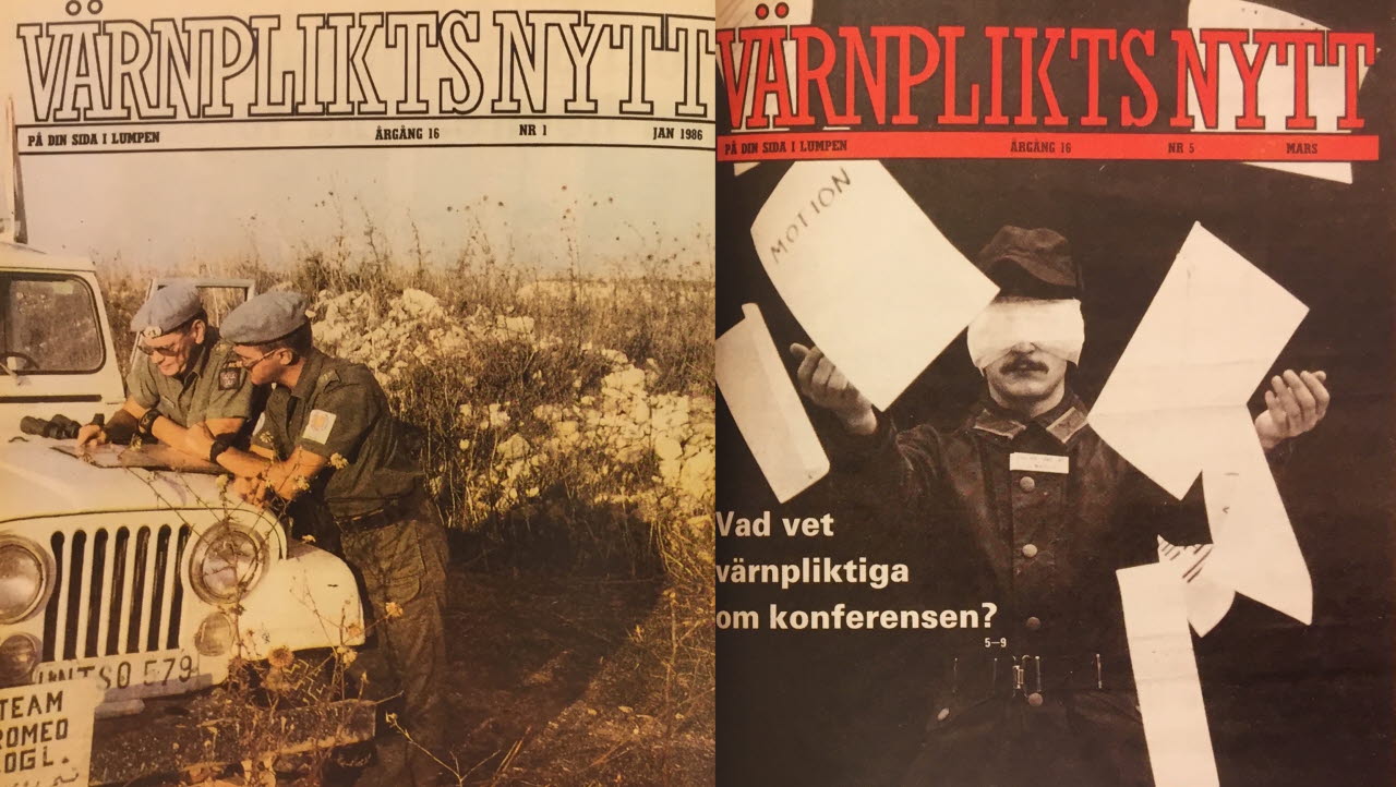 Omslag till Värnpliktsnytt nr 1 respektive 5 år 1986. Bilden är en del av forsvarsmakten.se/varhistoria