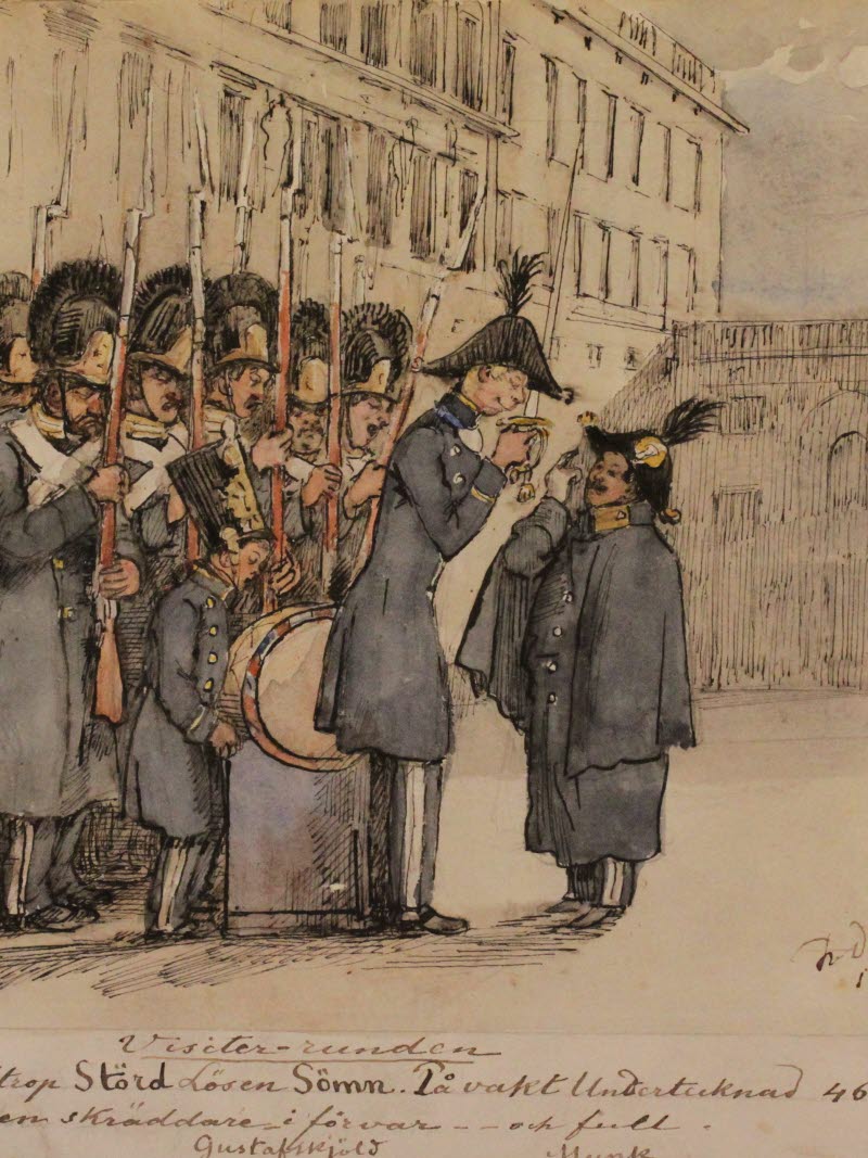 Fänrik Gustafschiöld anmäler högvakten 1838, teckning av Fritz von Dardel.
