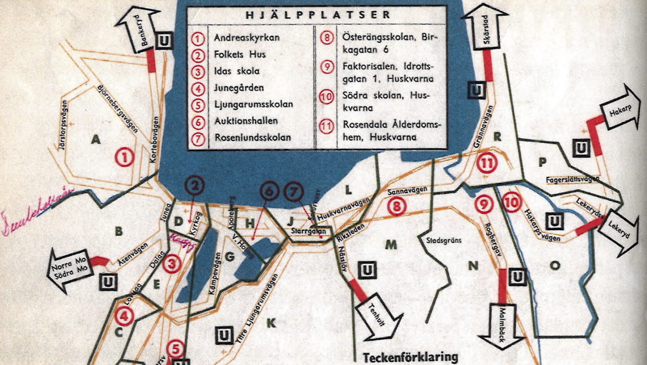 Utrymningsplan för Jönköping/Huskvarna. Bilden är en del av försvarsmakten.se/varhistoria. 