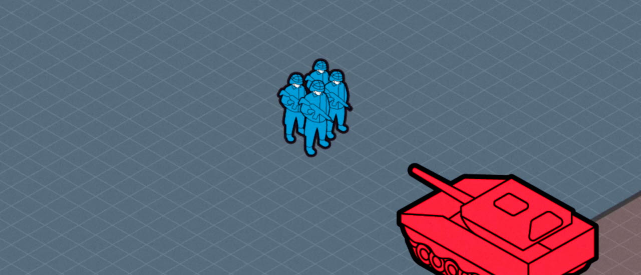 Illustration röd stridsvagn och fyra blå soldater