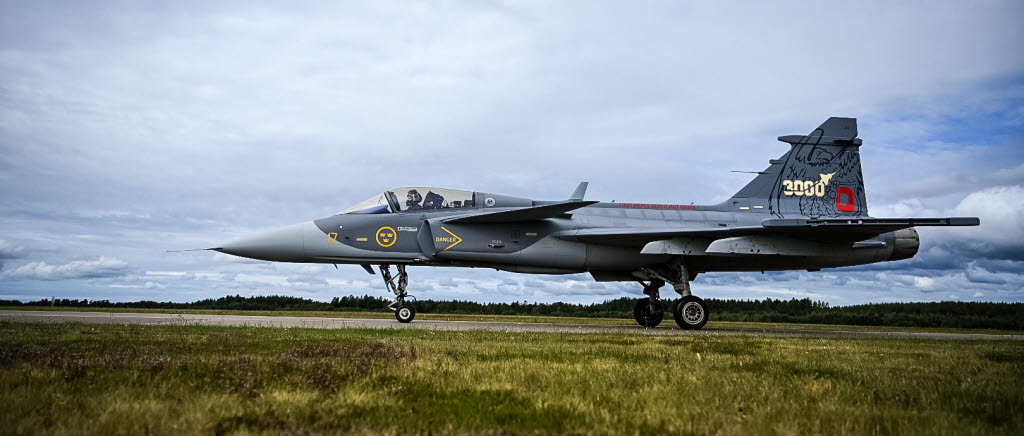 Jas 39 Gripen med individnummer 39210 målades om inför dagen med detaljer i guld och på stjärtfenan syns en örn, målad i svart som är den gemensamma symbolen för första kompaniet och första divisionen.