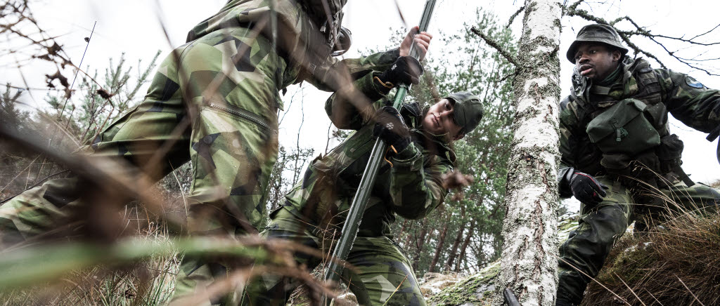 I ett av momentet ska gruppen resa en högantenn. Att fästa antennen mot ett träd löser både stöd och maskering.