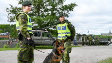 Två kvinnliga militärpoliser står med en kopplad schäferhund. I bakgrunden syns ett fordon samt personer. 