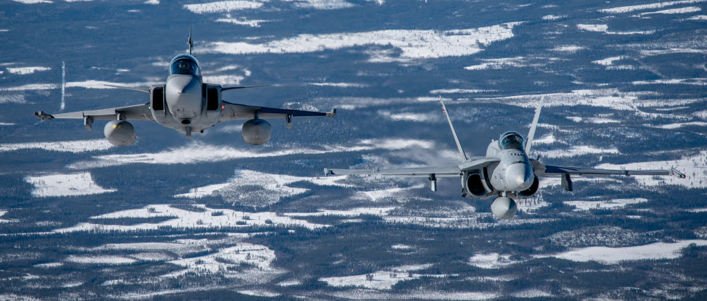 Jas 39 Gripen och finsk F18 Hornet under FVÖ19