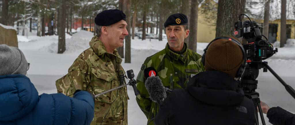 British CDS Admiral Tony Radakin and Swedish Supreme Commander,  general Micael Bydén meeting media after the JEF meeting at Norrbotten Wing, Lulea, Sweden feb 15th.