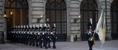 Audiens vid Stockholms slott. Soldater från livkompaniet tar emot statsbesök inne på borggården på Stockholms slott.