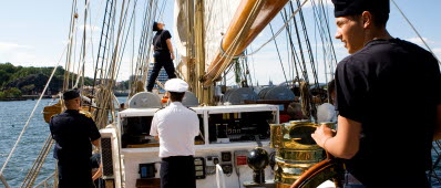 Skonertdivisionen. Gladan och Falken deltog i kappseglingstävlingen The Tall Ship's Races 2007. Firar 60 år.
Segling från Kotka, Finland, till Stockholm.

En elev gängar ror, fartygschefen och fartygsläkaren i bakgrunden.