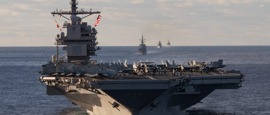 The Gerald R. Ford Carrier Strike Group (GRFCG) steams in formation in the Atlantic Ocean, Oct. 20, 2022. The Gerald R. Ford Carrier Strike Group is deployed in the Atlantic Ocean, conducting training and operations alongside NATO Allies and partners to enhance integration for future operations and demonstrate the U.S. Navy‚Äôs commitment to a peaceful, stable and conflict-free Atlantic region. (U.S. Navy photo by Mass Communication Specialist 2nd Class Jackson Adkins)