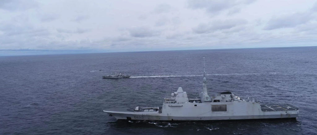 HMS Sundsvall och HMS Härnösand övade tillsammans med FS Aquitaine i februari 2023.