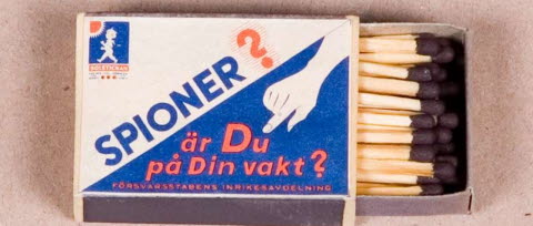 Tändsticksask med varning mot spioneri. Bilden är en del av forsvarsmakten.se/varhistoria. 