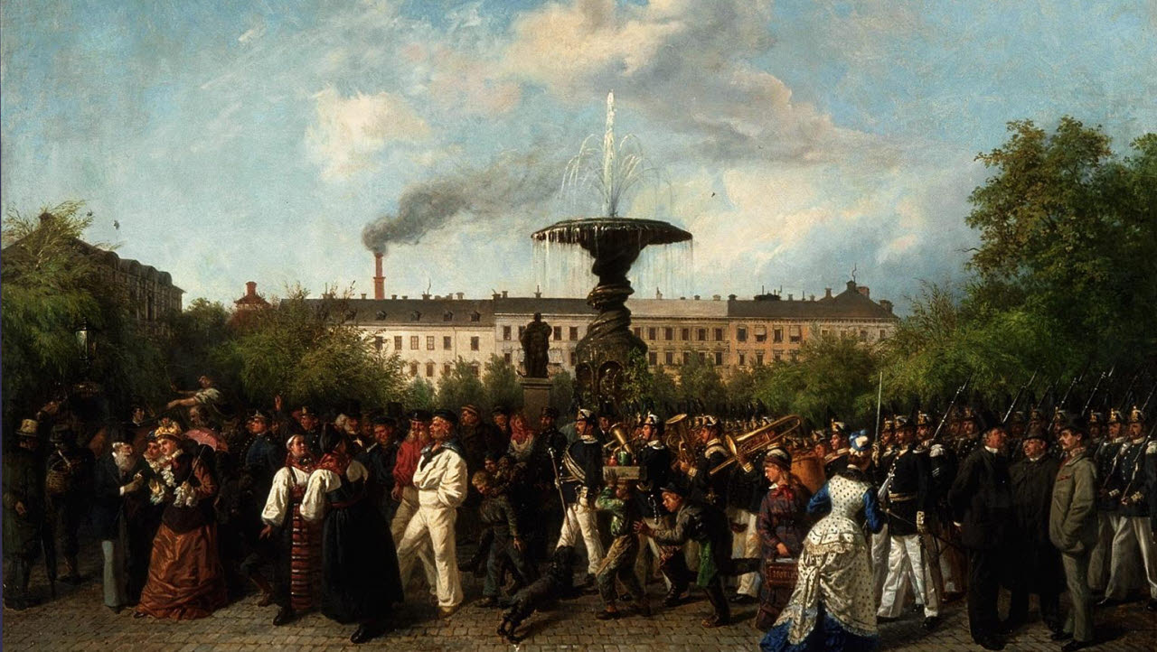 Målning med vaktparaden och trumslagaren Vackre Herrmann. 