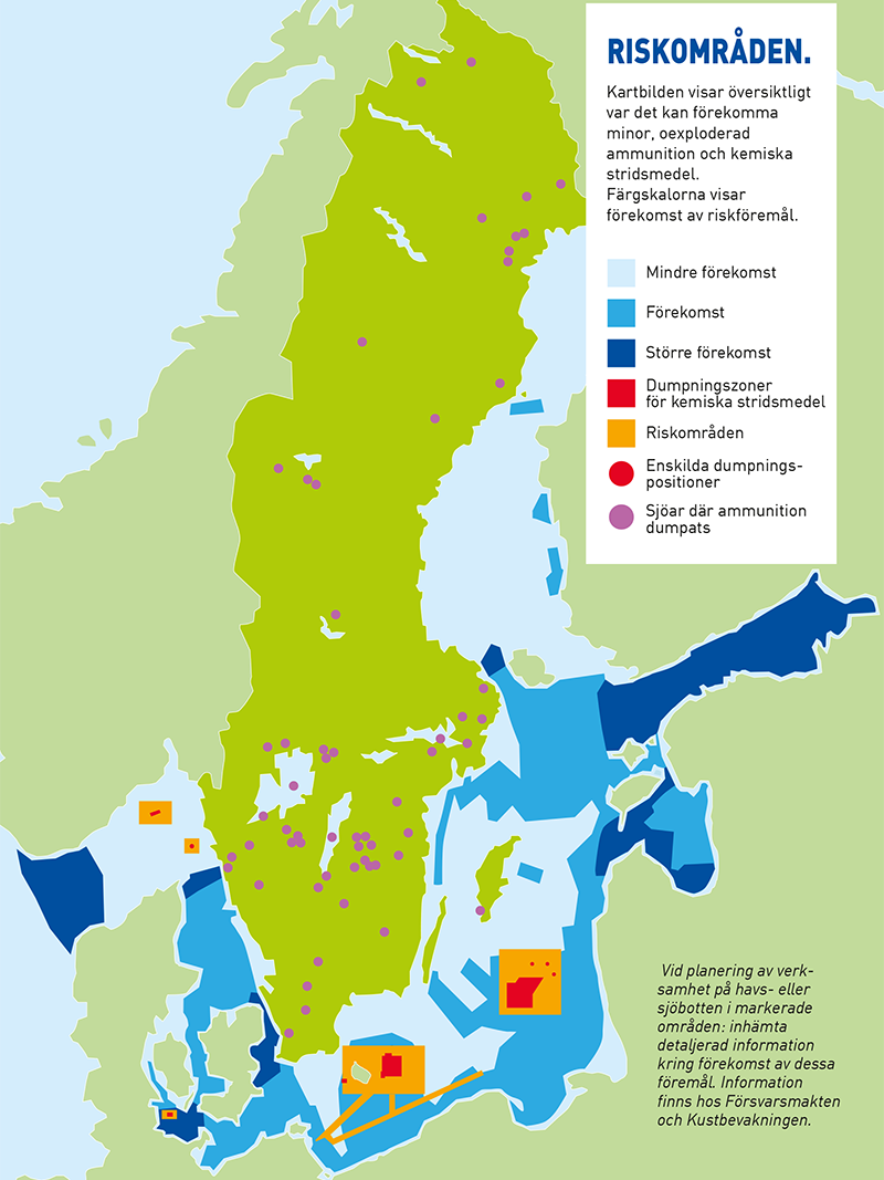 Kartan visar överskådligt var det kan finnas förekomster av minor, ammunition och kemiska stridsmedel.