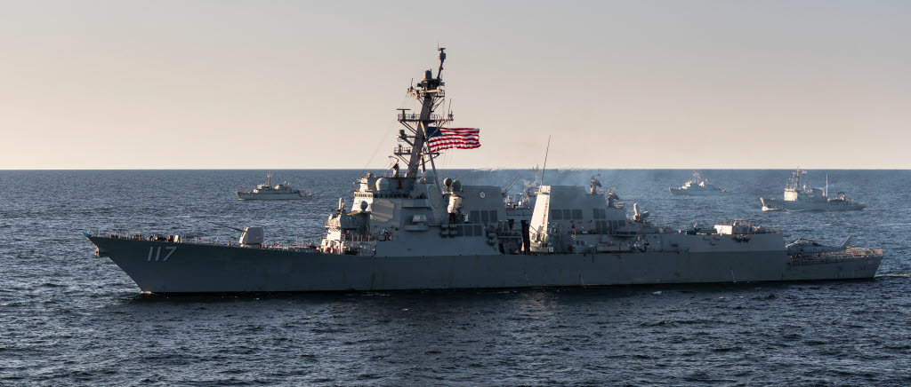 BALTIC SEA (June 4, 2023) The Arleigh Burke-class guided-missile destroyer USS Paul Ignatius (DDG 117), front, and the Royal Netherlands Navy mine countermeasures vessel HNLMS Vlaardingen (M863), top back, steam alongside NATO and Swedish navy ships after departing Tallinn, Estonia, June 4, 2023, to participate in exercise Baltic Operations 2023 (BALTOPS 23). BALTOPS 23 is the premier maritime-focused exercise in the Baltic Region. The exercise, led by U.S. Naval Forces Europe-Africa and executed by Naval Striking and Support Forces NATO provides a unique training opportunity to strengthen the combined response capability critical to preserving the freedom of navigation and security in the Baltic Sea. (U.S. Navy photo courtesy of the Royal Netherlands Air Force by OR-7 Aaron Zwaal)