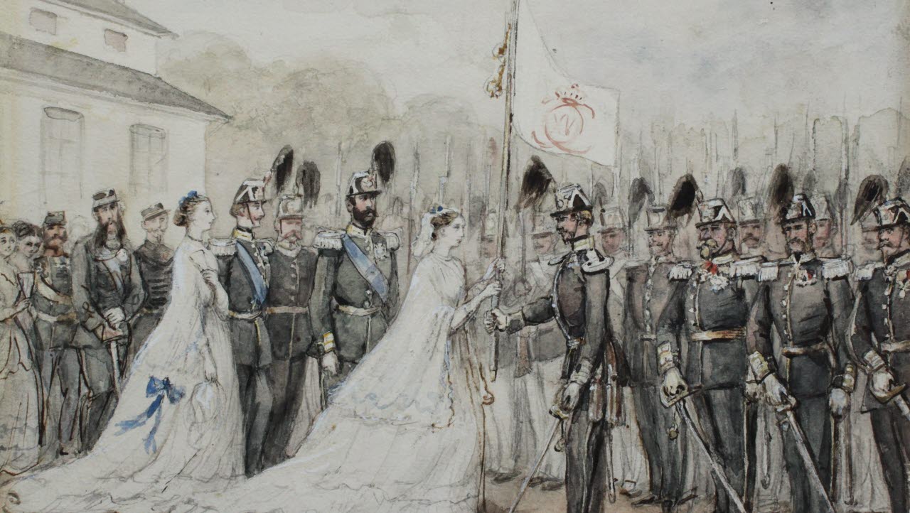 Målning  där Drottning Lovisa överlämnar Livkompaniets fana 1868, av Fritz von Dardel, tillhör Officerskårens stiftelse. 