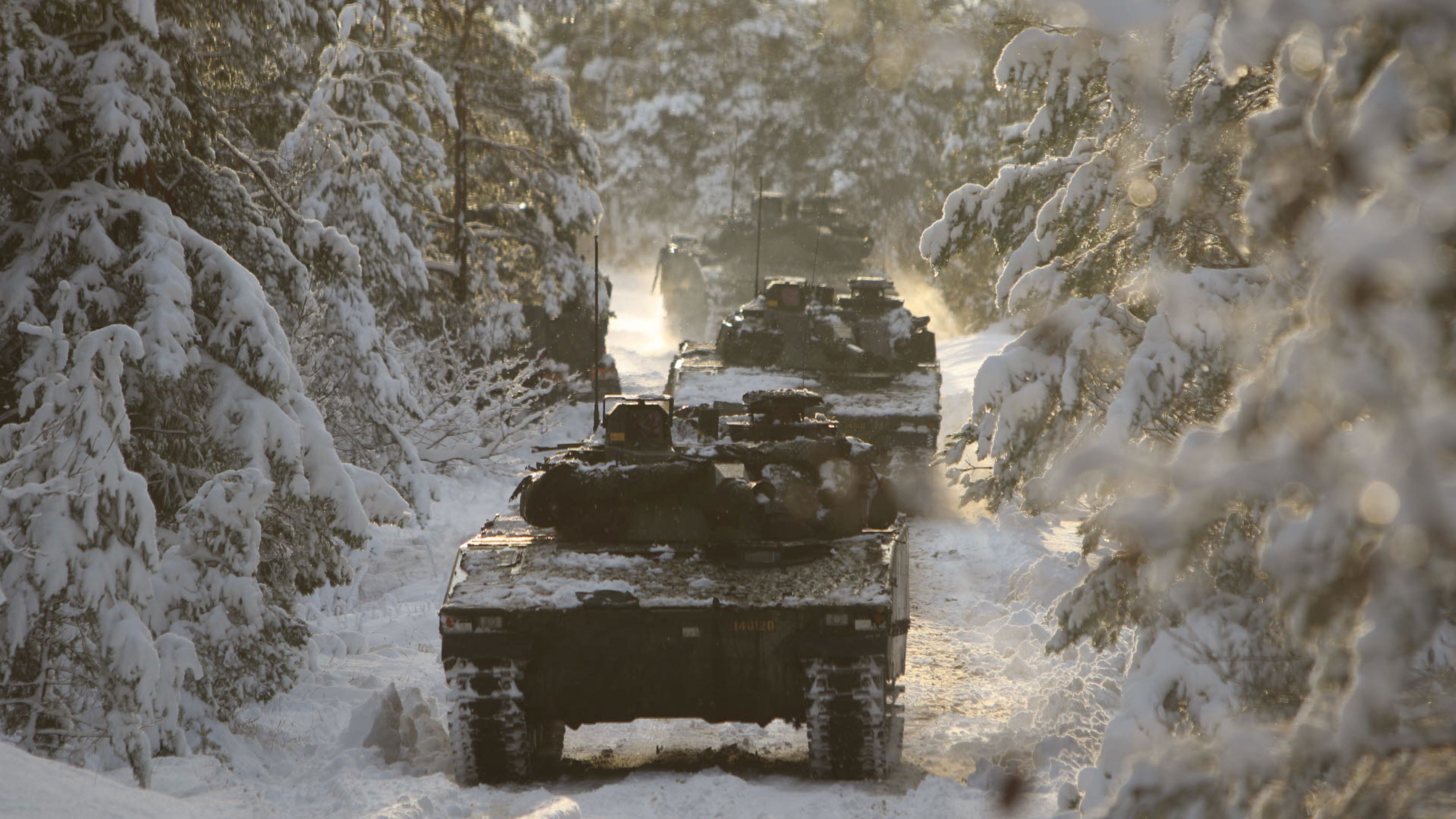 Stridsfordon framrycker i vinterterräng och i skydd av tät skog.