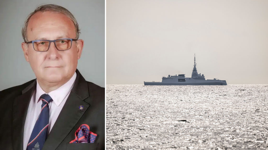 Porträtt av Lars Wedin  pensionerad kommendör och hedersledamot av Kungliga Örlogsmannasällskapet och bild på fransk fregatt