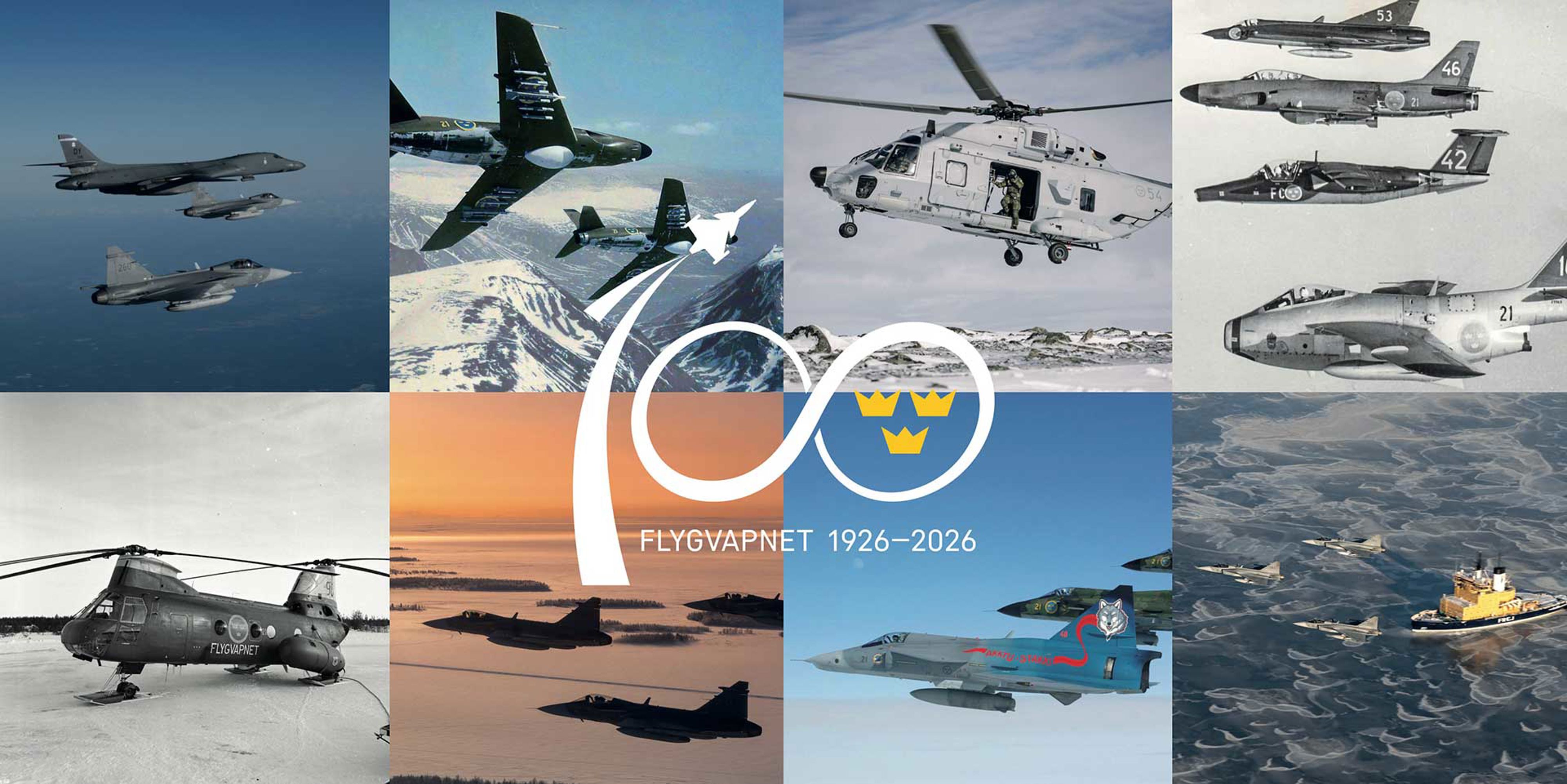 Ett bildkollage med flygplan, helikoptrar och båtar.