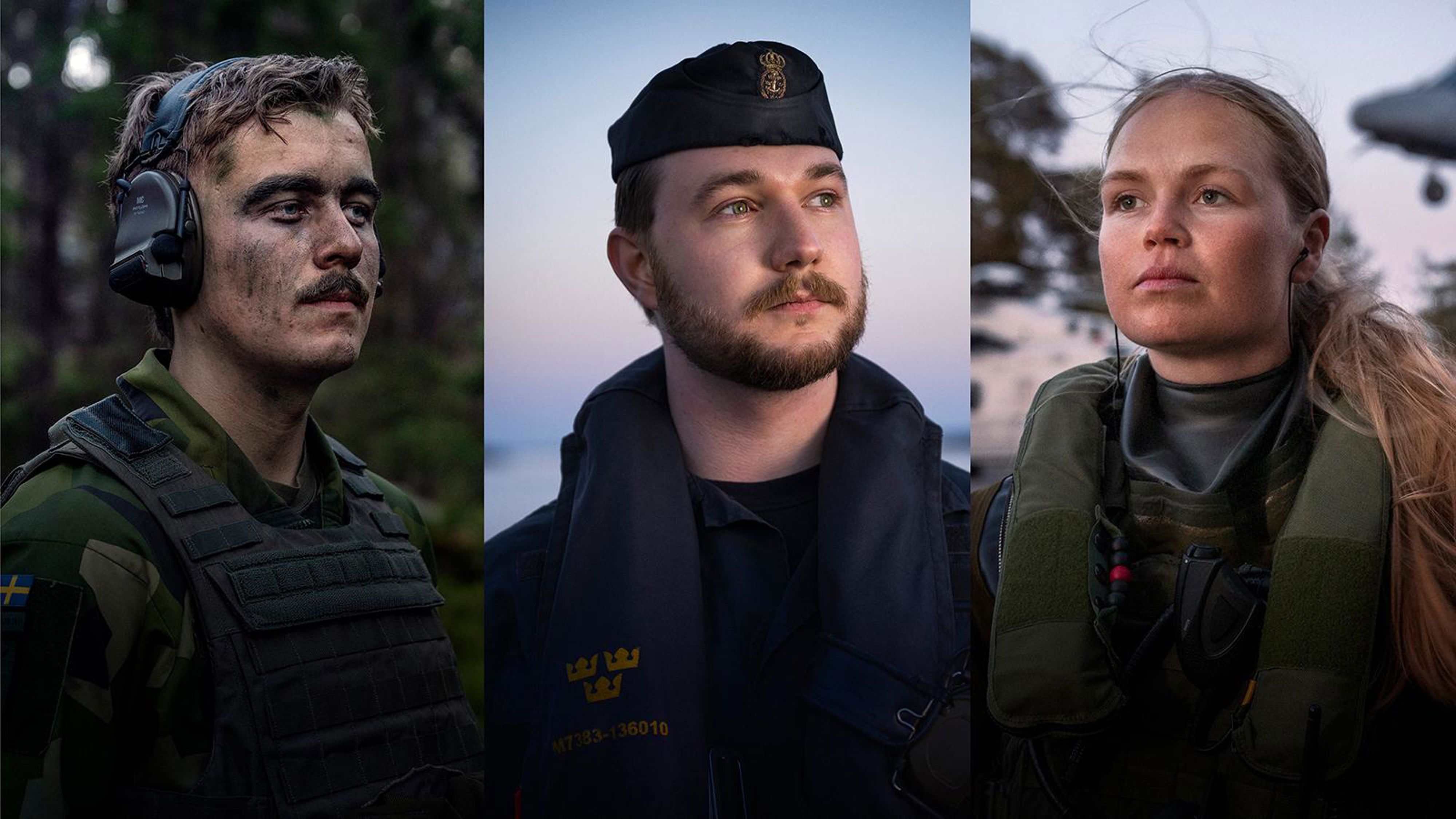 Tre officerare på närbild där de kollar mot horisonten.