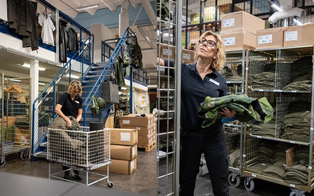 Bildcollage på kvinna som arbetar i en förrådslokal.