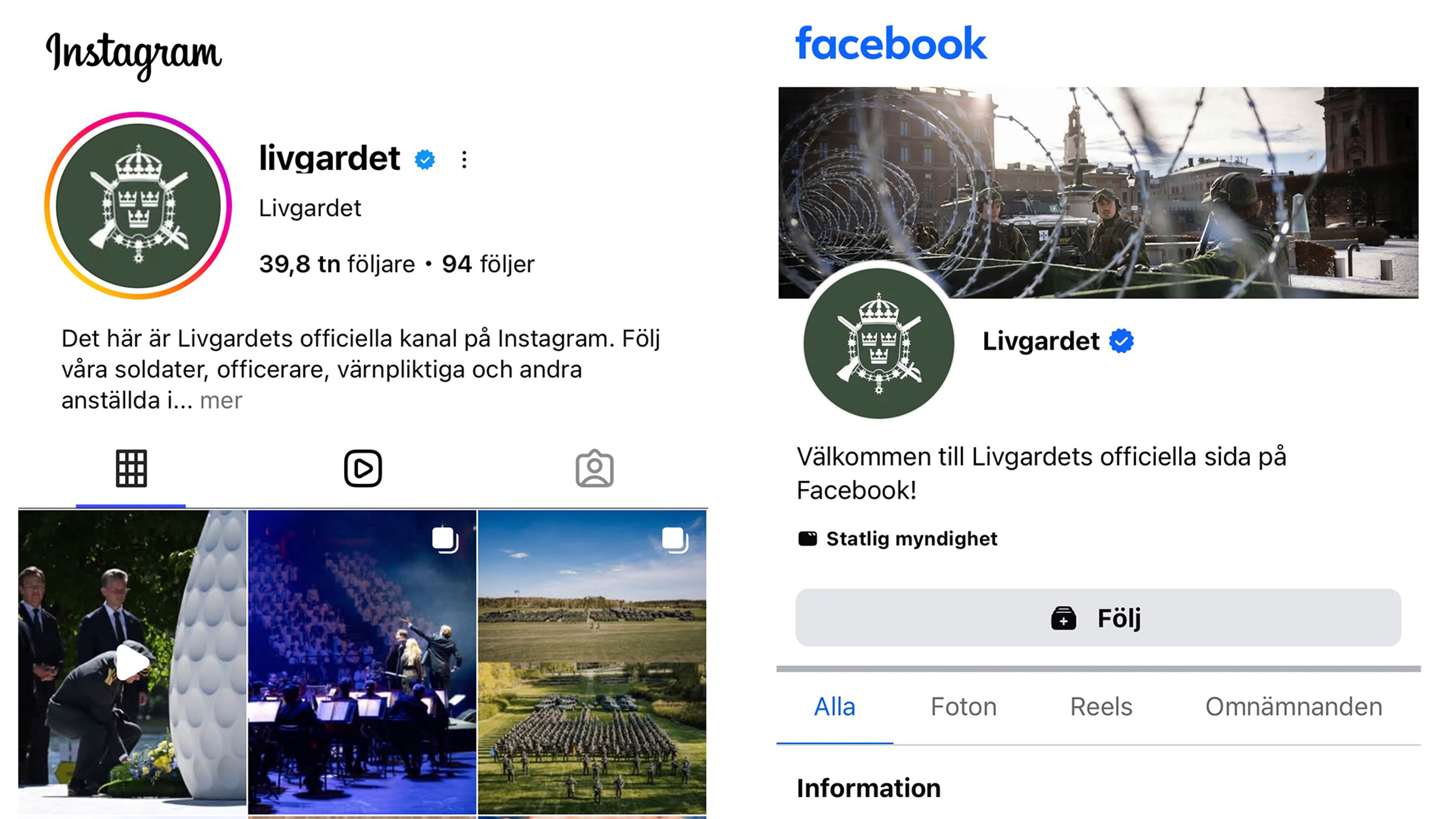Ett kollage av två bilder från Livgardets konton på Facebook och Instagram