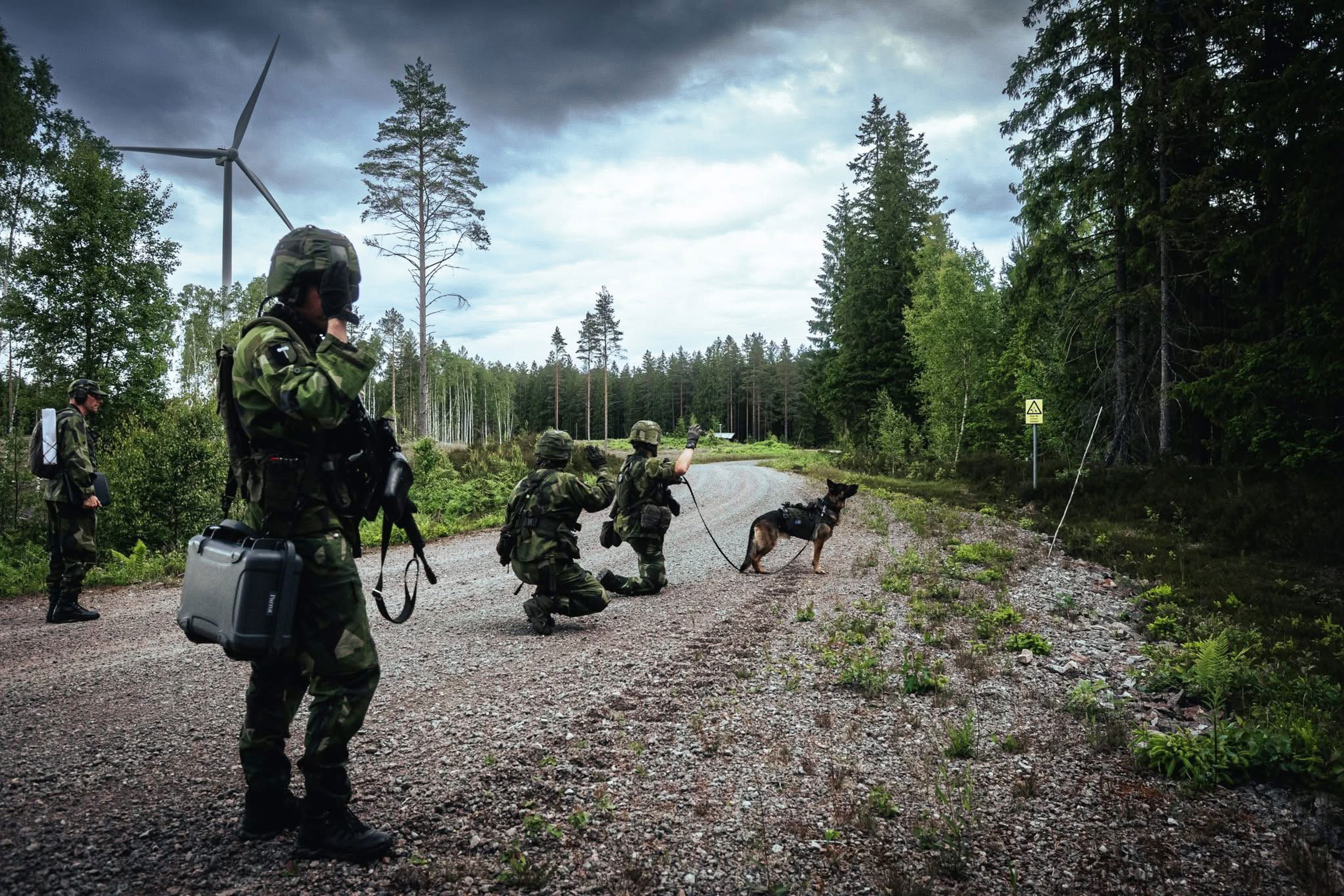 Fyra soldater och en hund går på en grusväg. Runt om syns skog och ett vindkraftverk.