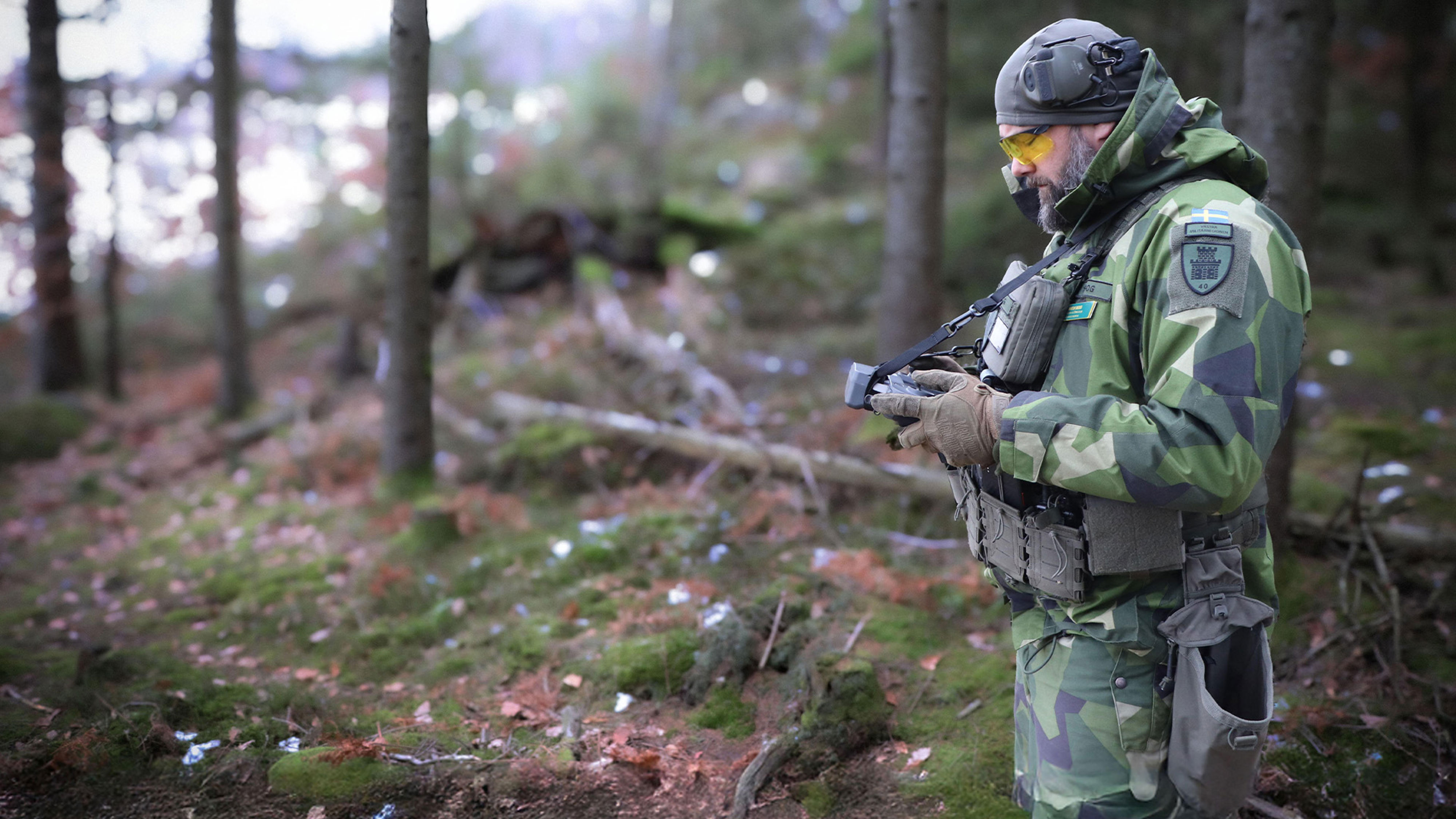Soldat står i fält.