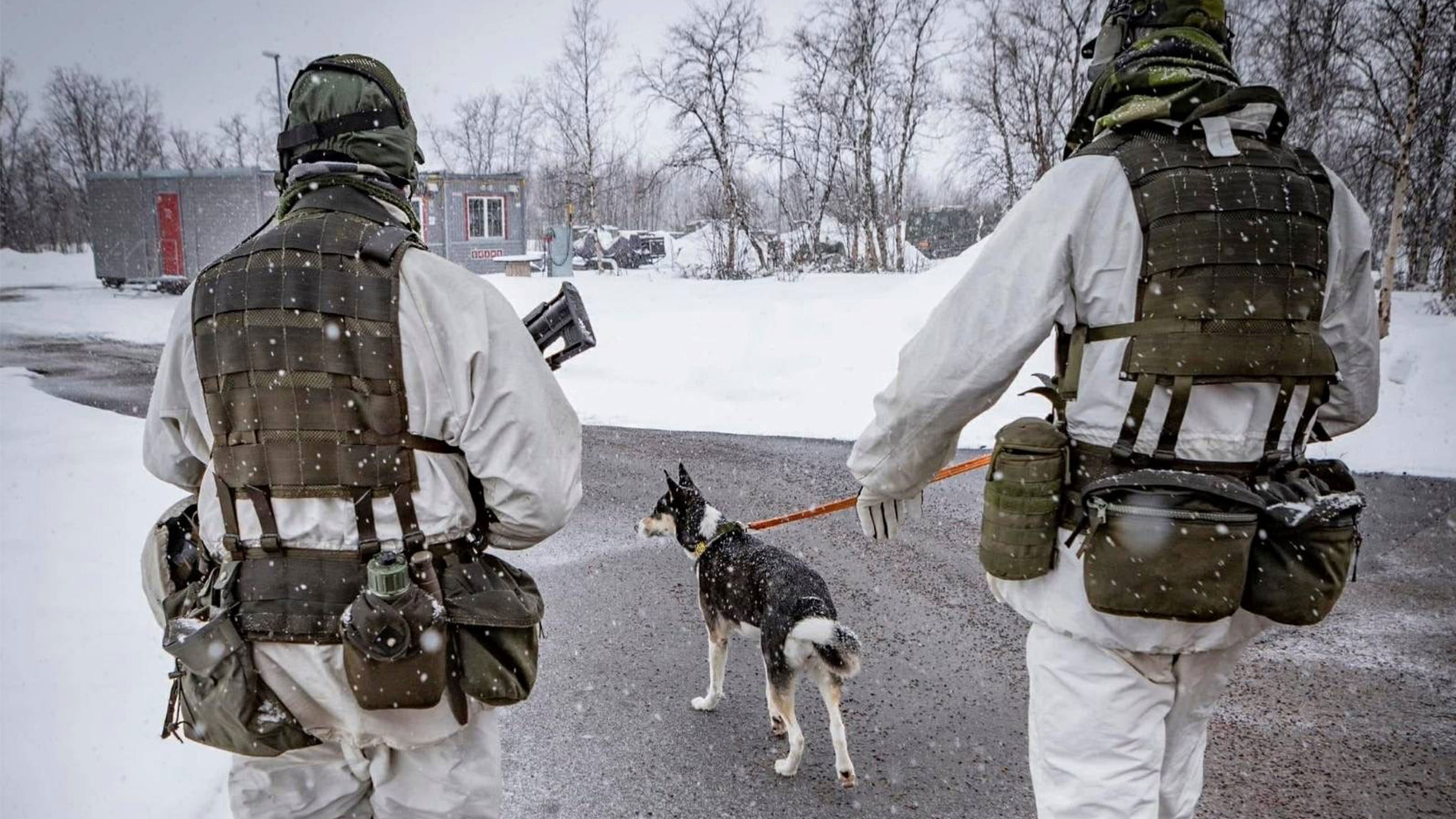 Två soldater och en tjänstehund går i vintermiljö.