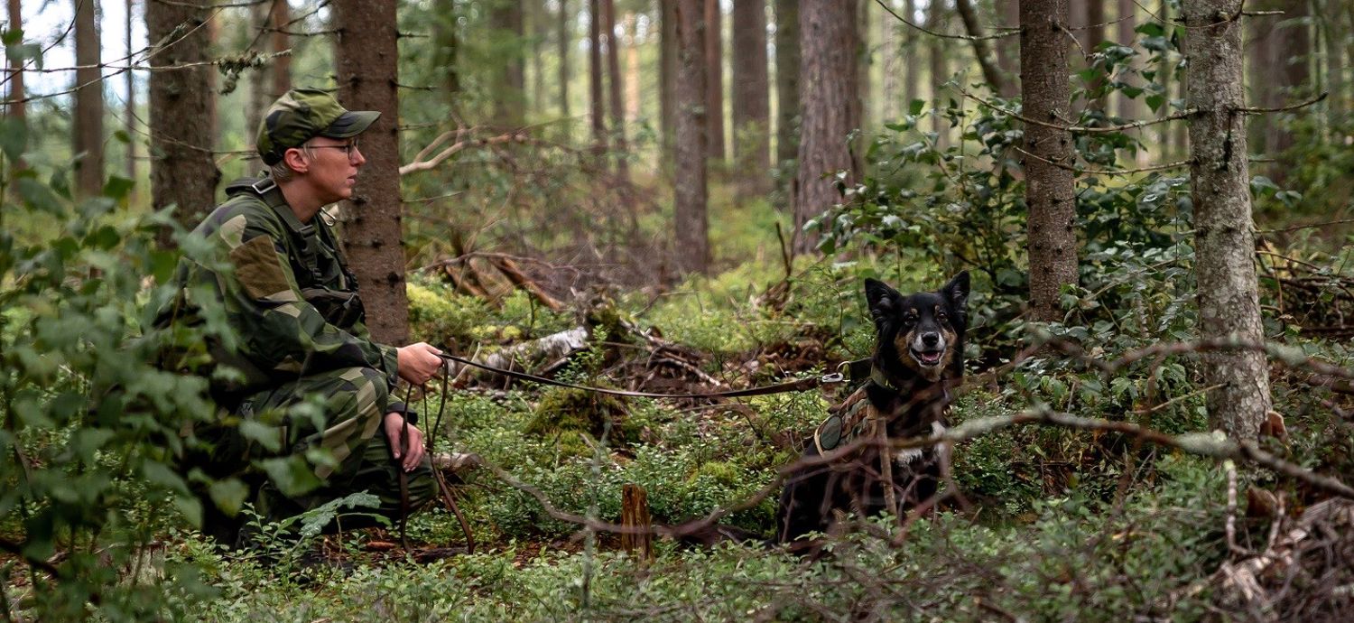 En kvinna och en hund i skogen