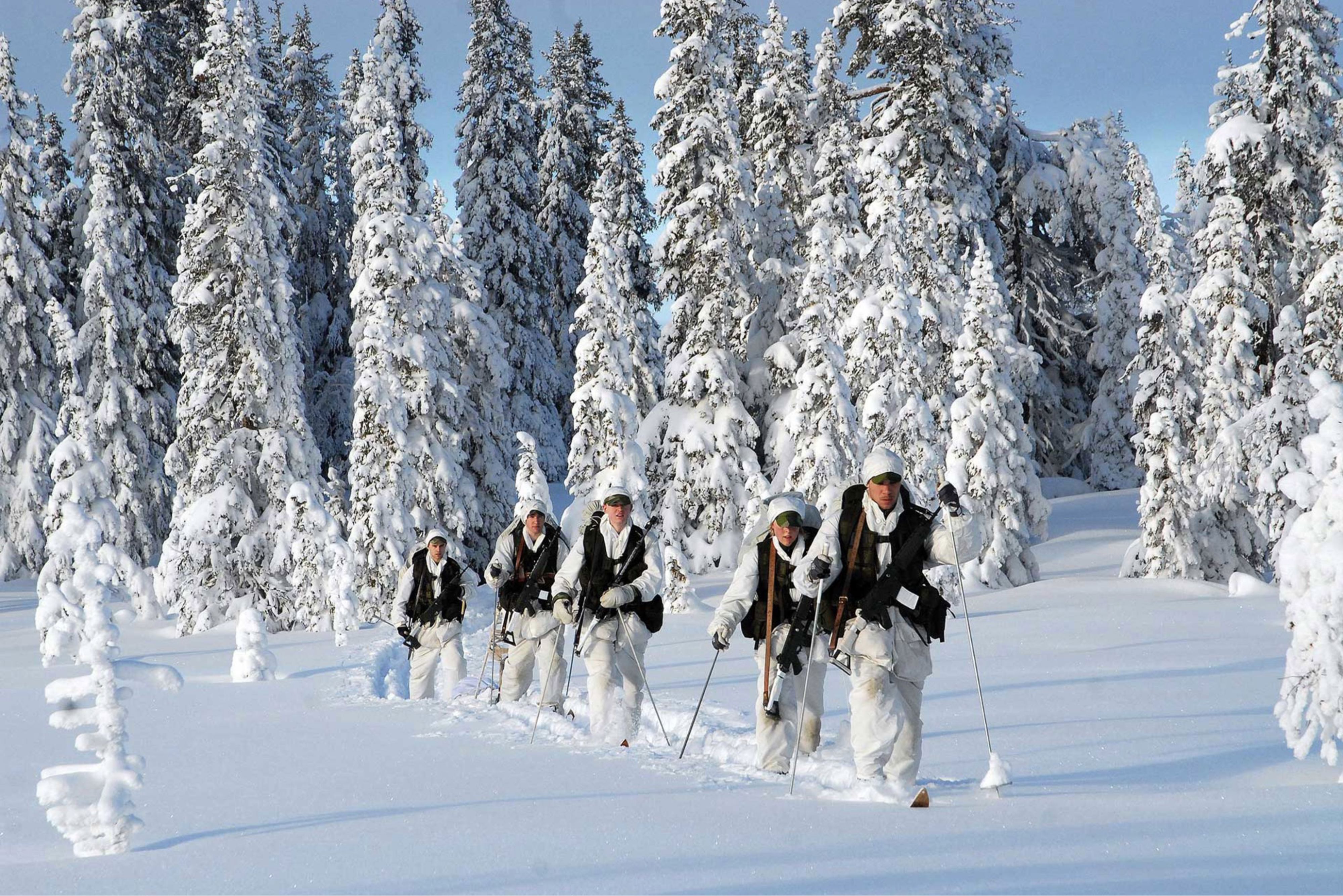Kadetter ute i skogen på vintern med skidor