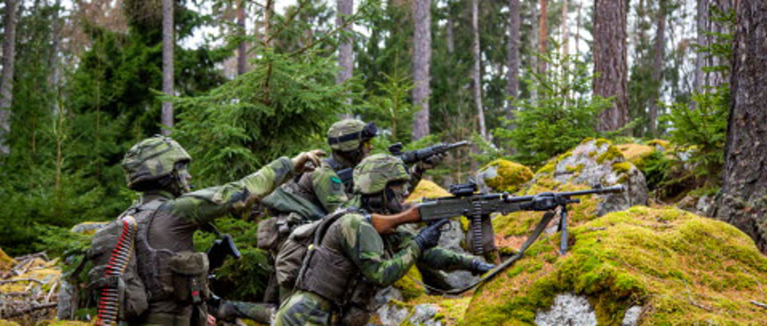 Militärer kamouflerar sig i skogen.